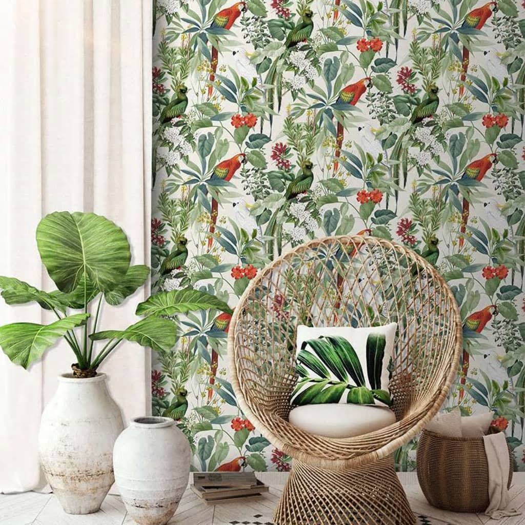 DUTCH WALLCOVERINGS Papel de parede pássaros tropicais branco e verde