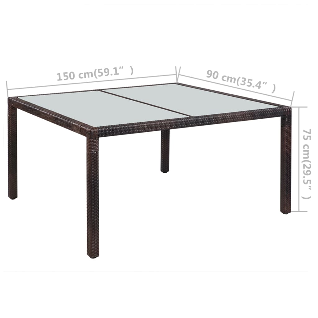 Mesa de jardim 150x90x75 cm vime PE castanho e vidro