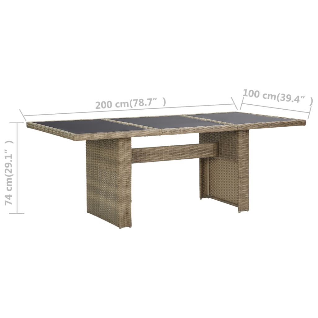 Mesa de jantar jardim 200x100x74 cm vidro e vime PE castanho