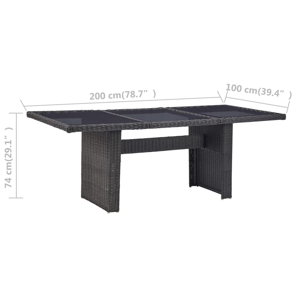 Mesa de jantar jardim 200x100x74 cm vidro e vime PE preto