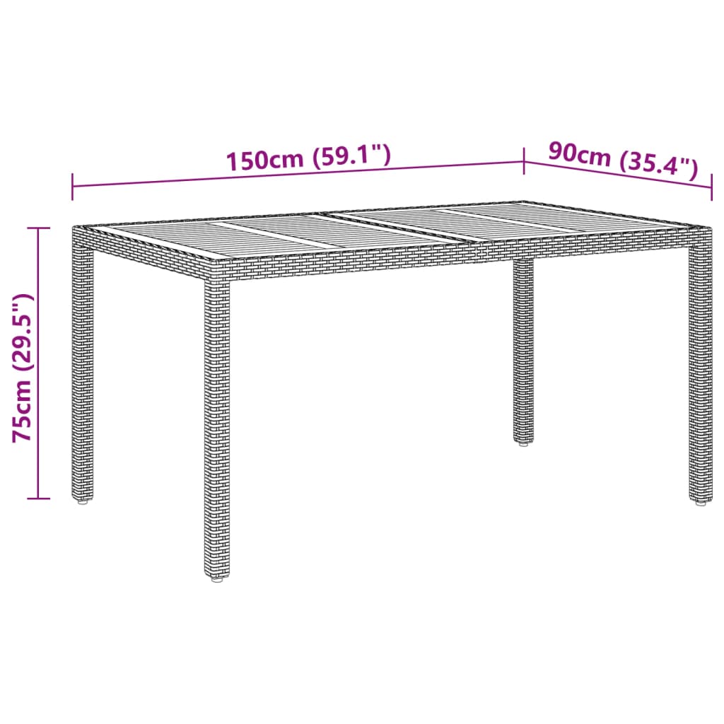 Mesa de jardim 150x90x75cm madeira de acácia e vime PE cinzento