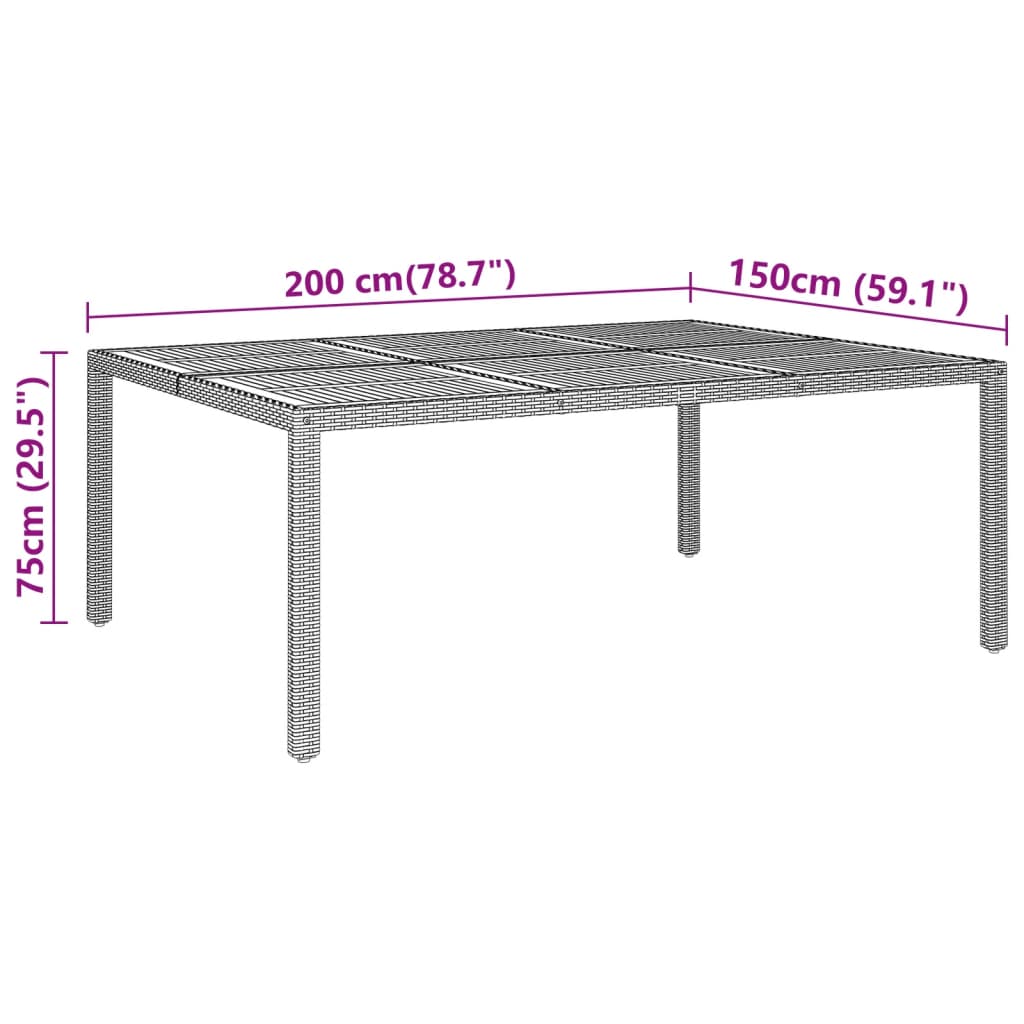 Mesa de jardim 200x150x75 cm madeira de acácia e vime PE preto