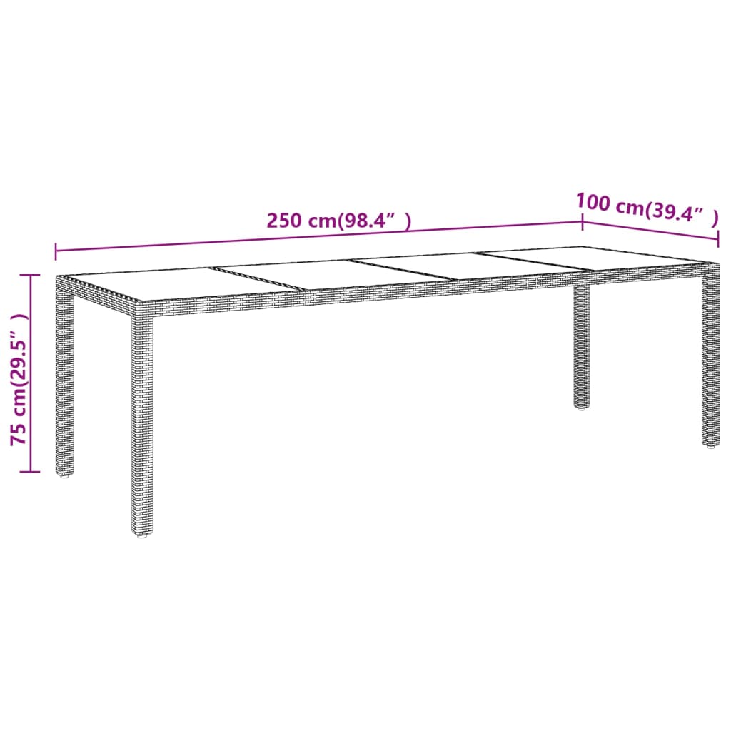 Mesa de jardim com tampo de vidro vime PE castanho