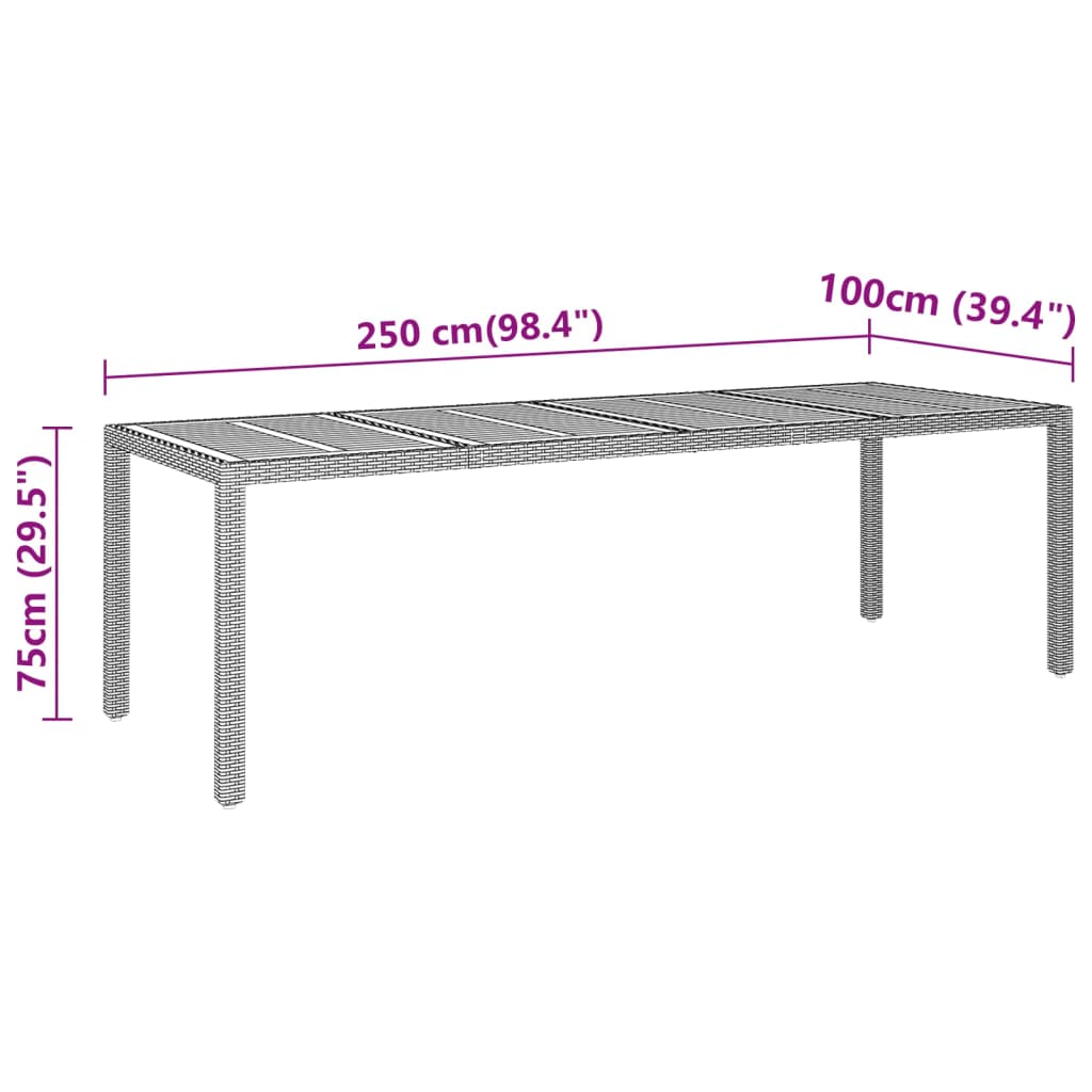 Mesa de jardim 250x100x75 cm madeira de acácia e vime PE preto