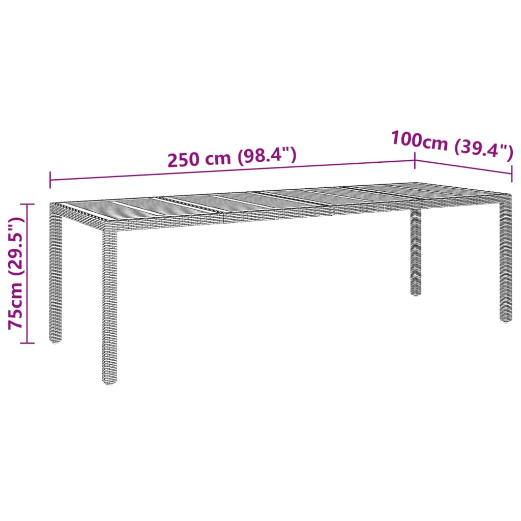 Mesa de jardim 250x100x75 cm vime PE/acácia maciça cinzento