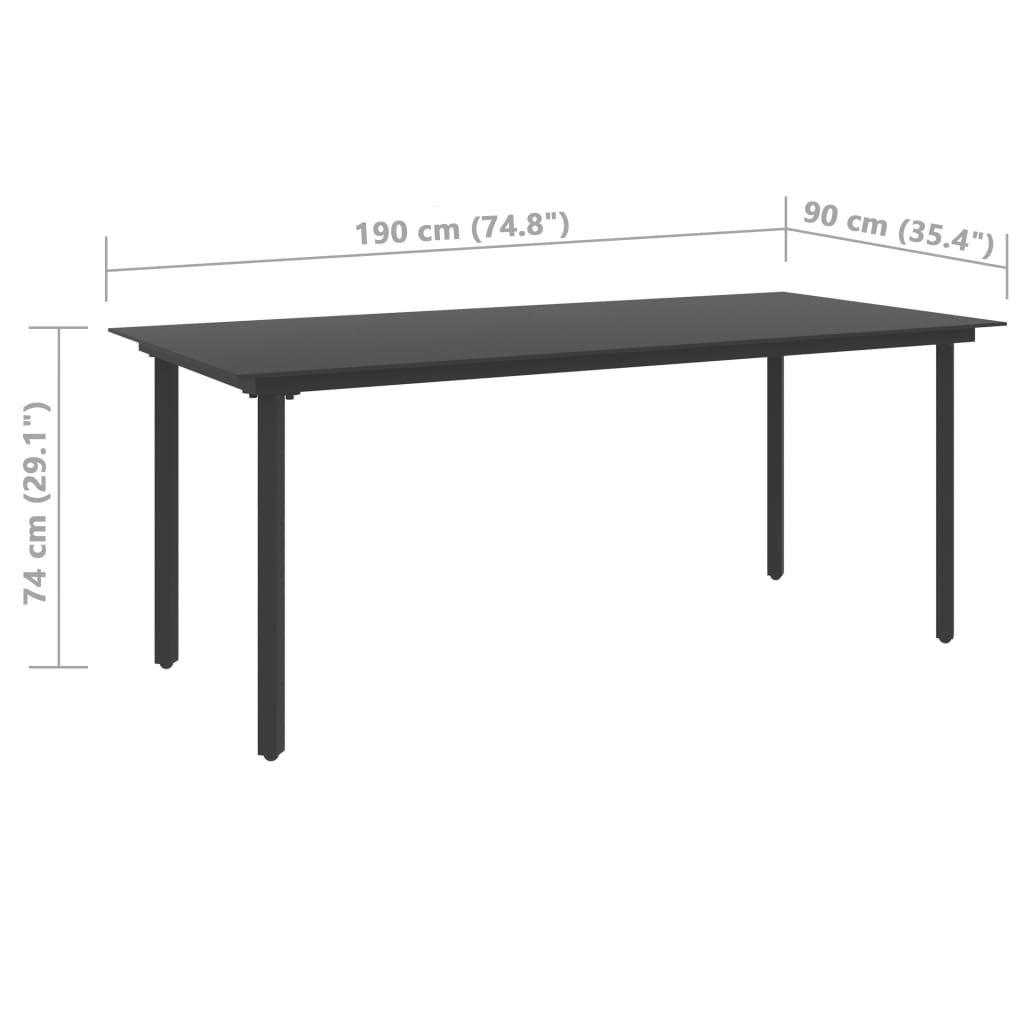 Mesa de jantar para jardim 190x90x74 cm aço e vidro preto