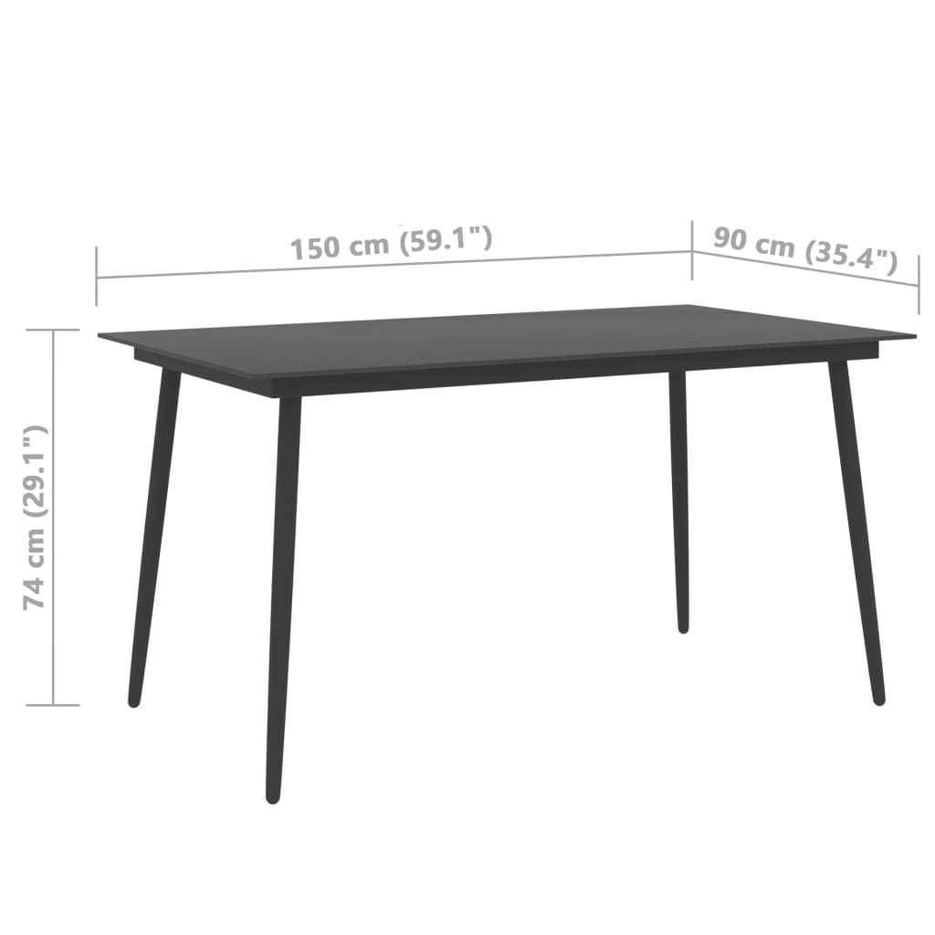 Mesa de jantar para jardim 150x90x74 cm aço e vidro preto