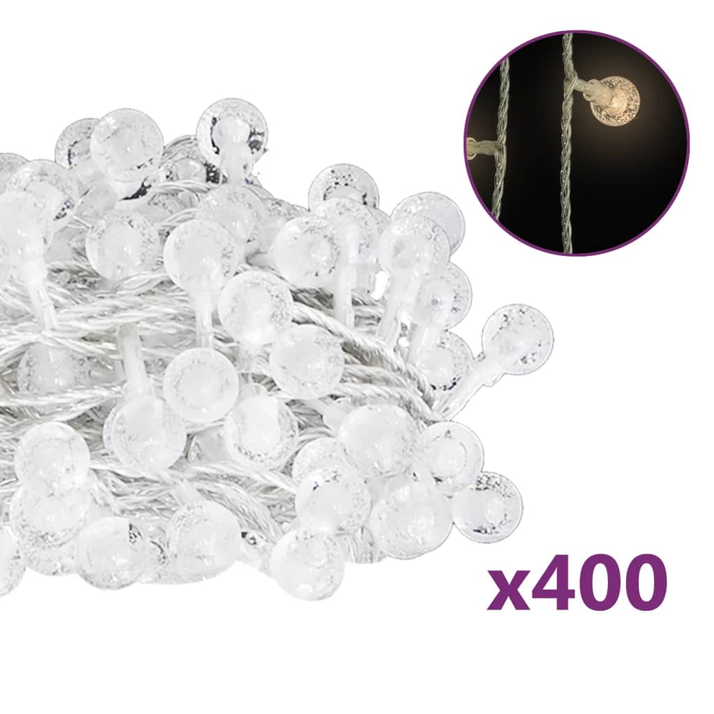 Cordão de luzes em globo 40 m 400 LED 8 funções branco quente