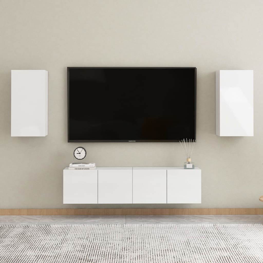 4 pcs conjunto de móveis de TV contraplacado branco brilhante