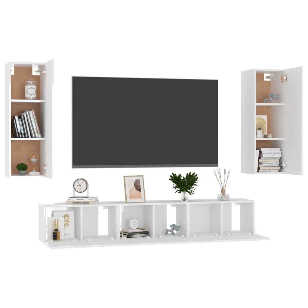 5 pcs conjunto de móveis de TV contraplacado branco brilhante