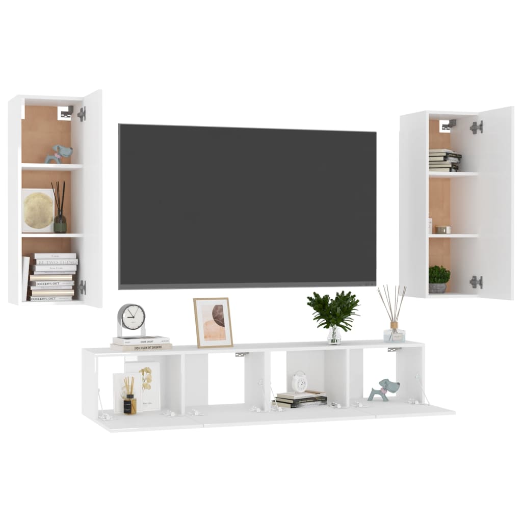 4 pcs conjunto de móveis de TV contraplacado branco brilhante