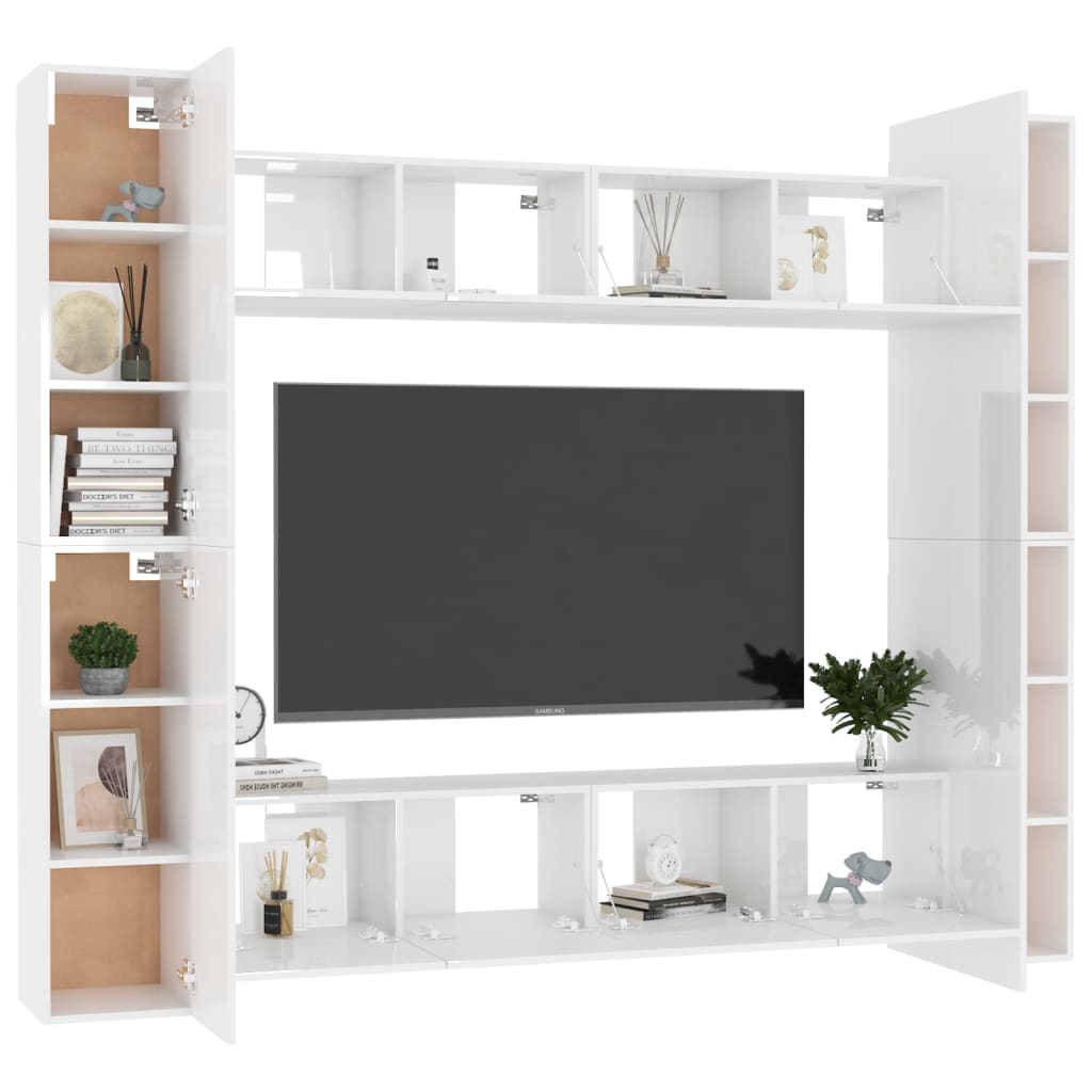 8 pcs conjunto de móveis de TV contraplacado branco brilhante