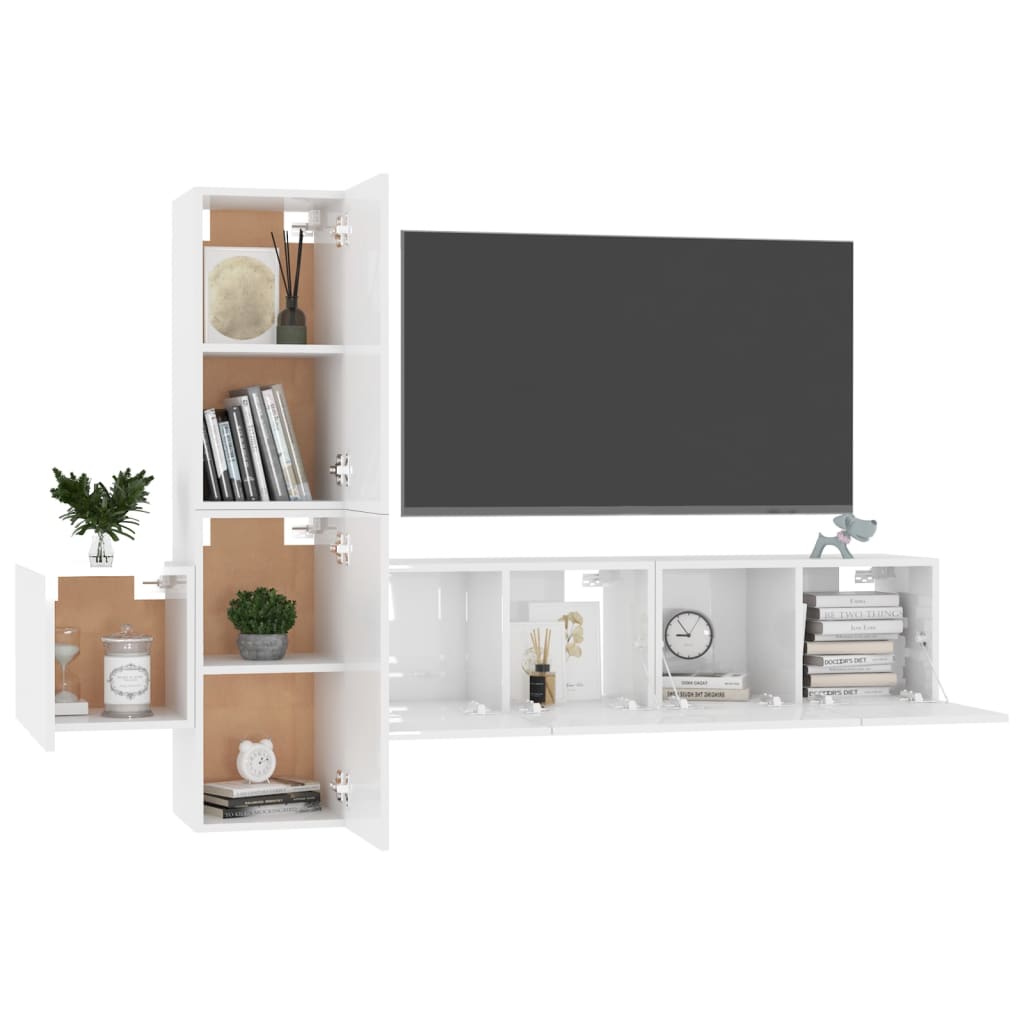 5 pcs conjunto de móveis de TV contraplacado branco brilhante