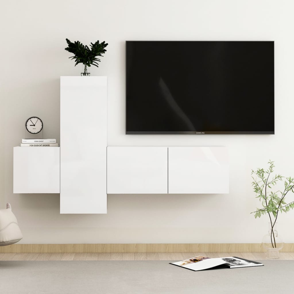 3 pcs conjunto de móveis de TV contraplacado branco brilhante