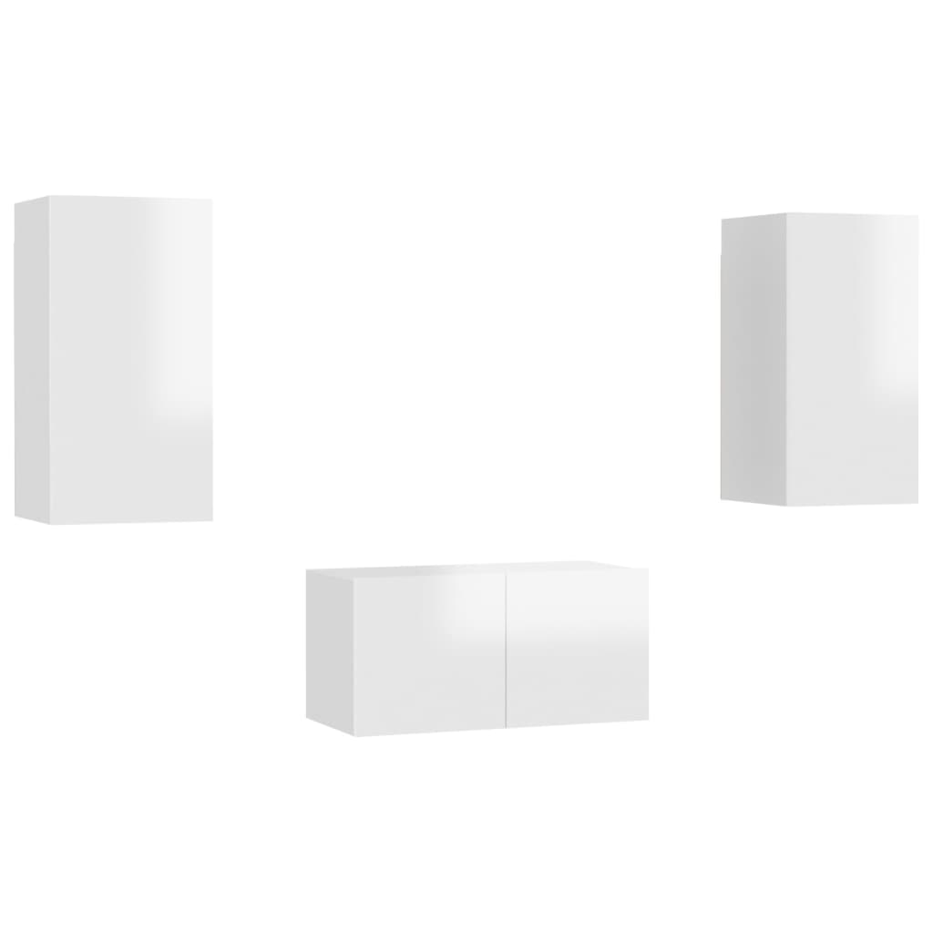 3 pcs conjunto de móveis de TV contraplacado branco brilhante