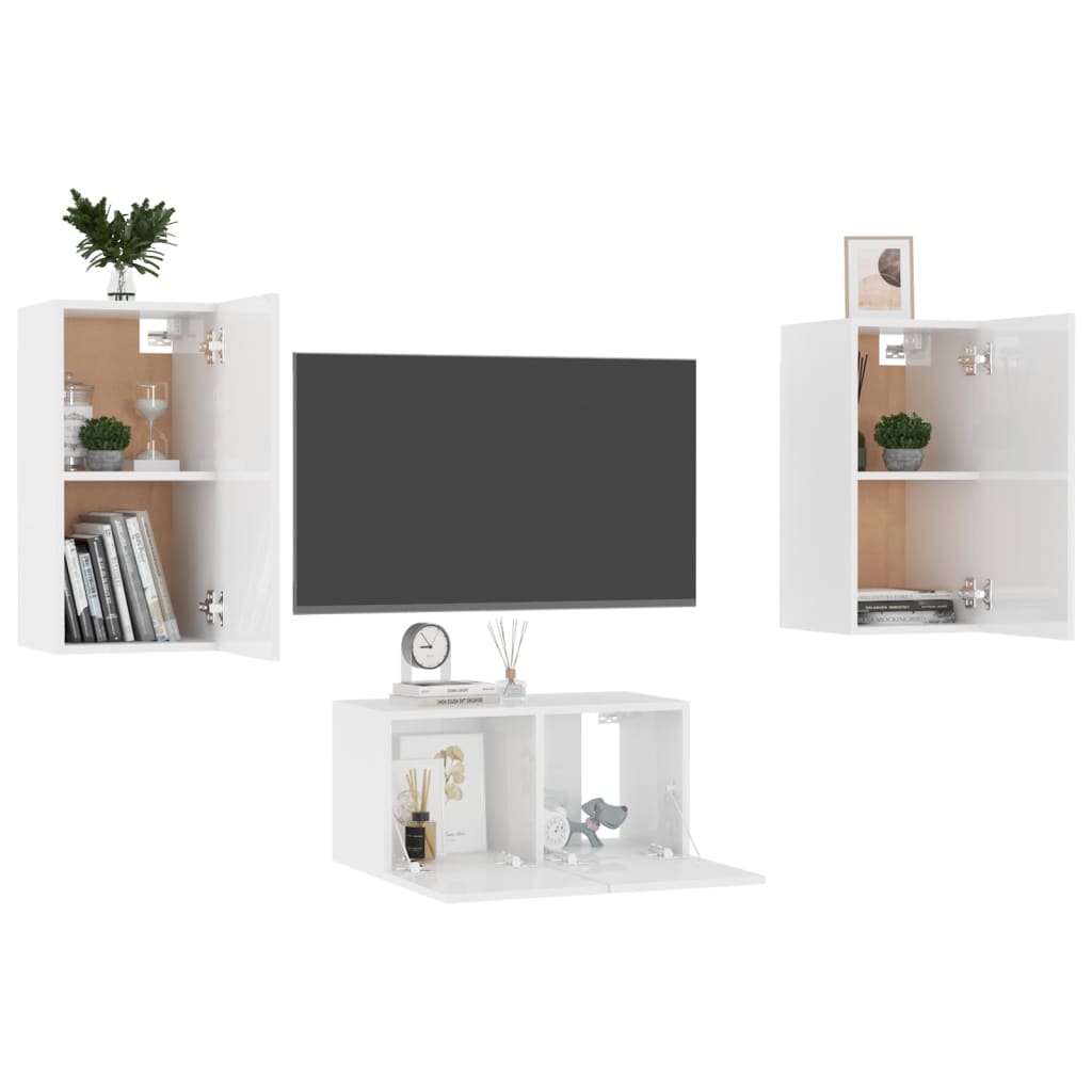 3 pcs conjunto de móveis de TV contraplacado branco brilhante