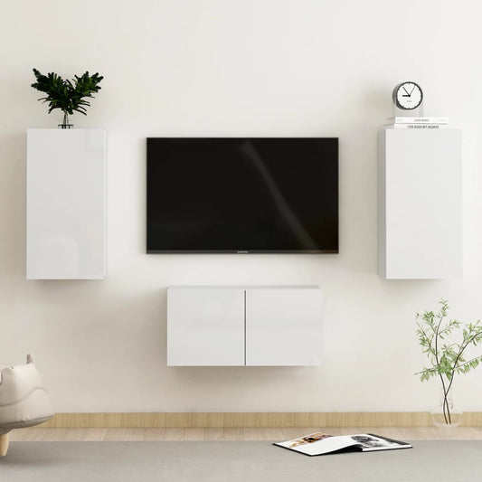 3 pcs conjunto de móveis de TV contraplacado branco brilhante