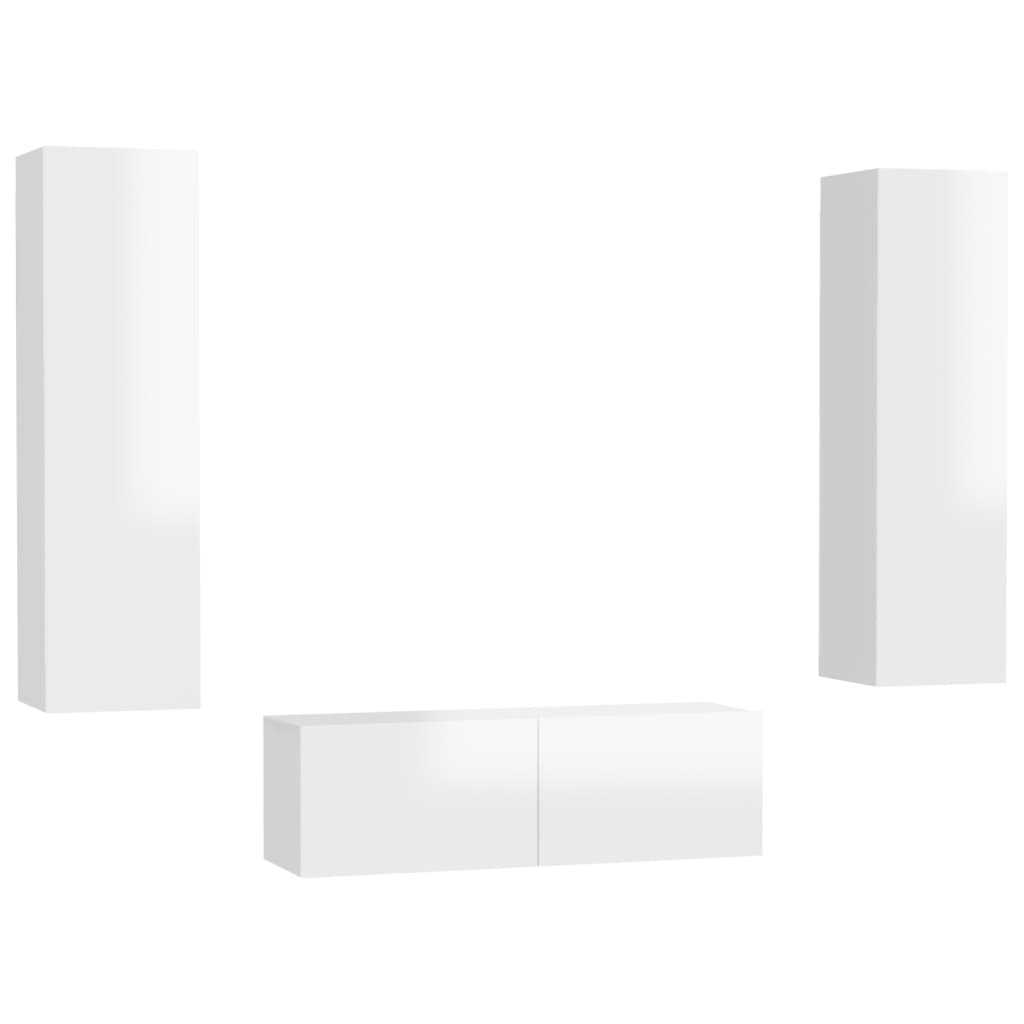 3 pcs conjunto de móveis de TV contraplacado branco brilhante