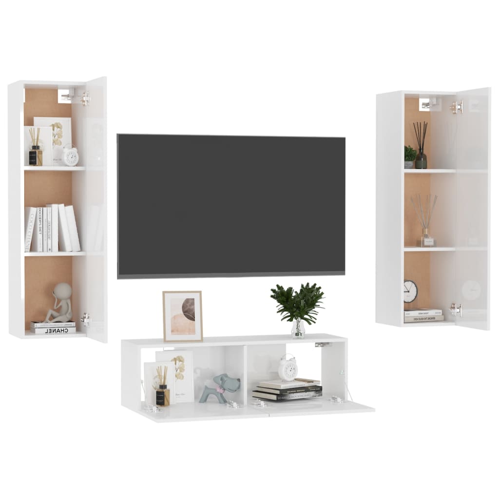 3 pcs conjunto de móveis de TV contraplacado branco brilhante