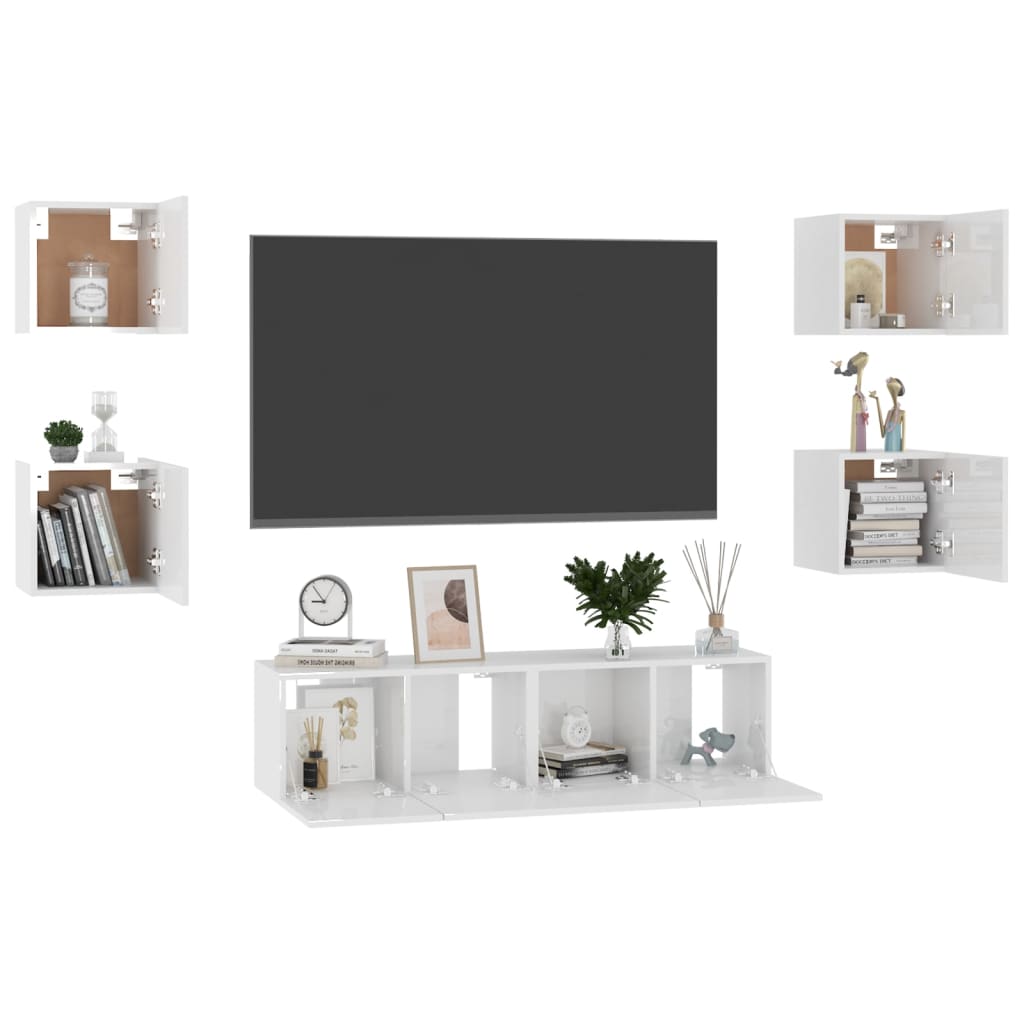 6 pcs conjunto de móveis de TV contraplacado branco brilhante