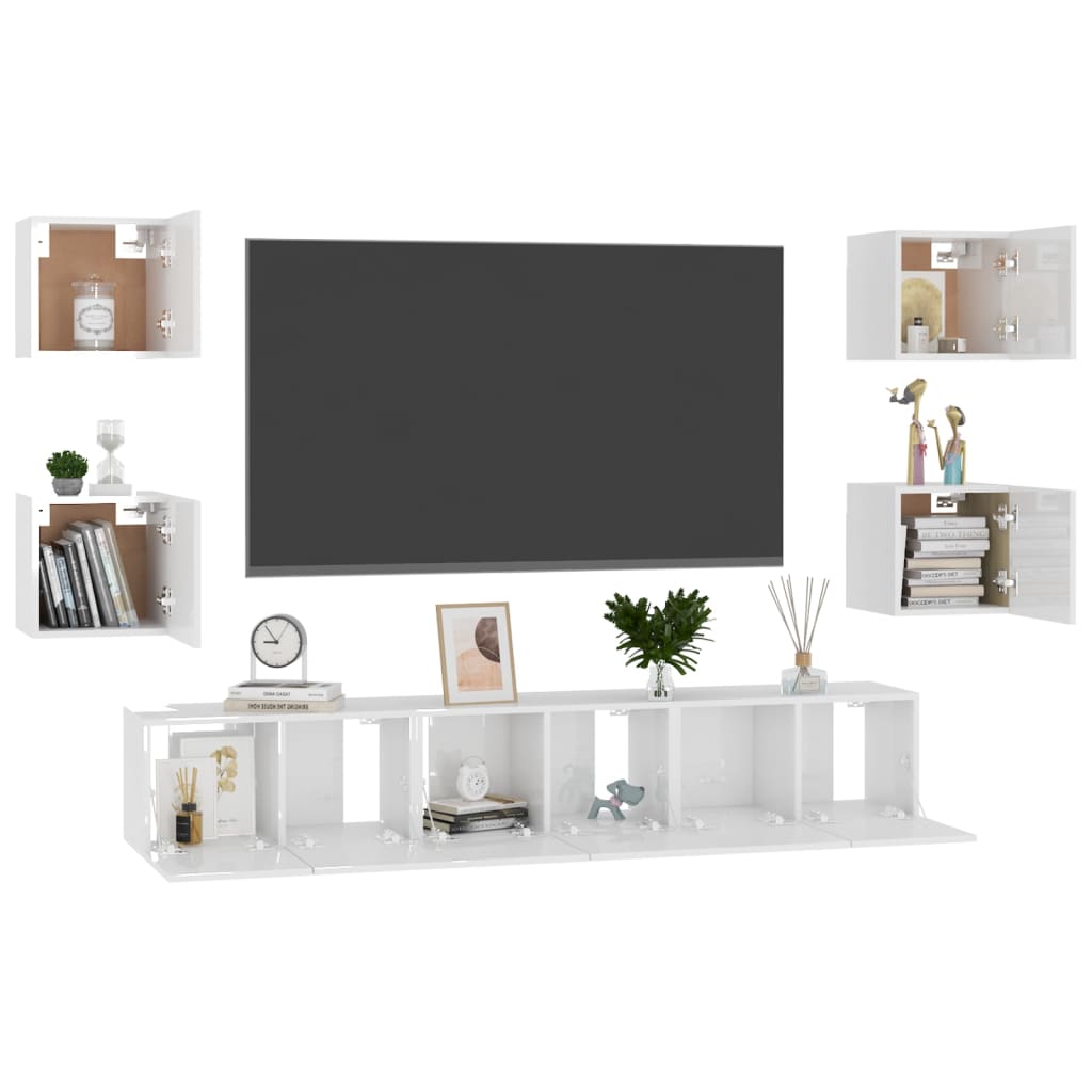 7 pcs conjunto de móveis de TV contraplacado branco brilhante