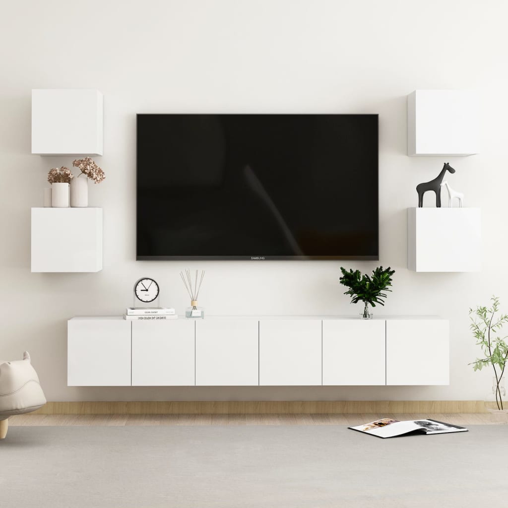 7 pcs conjunto de móveis de TV contraplacado branco brilhante