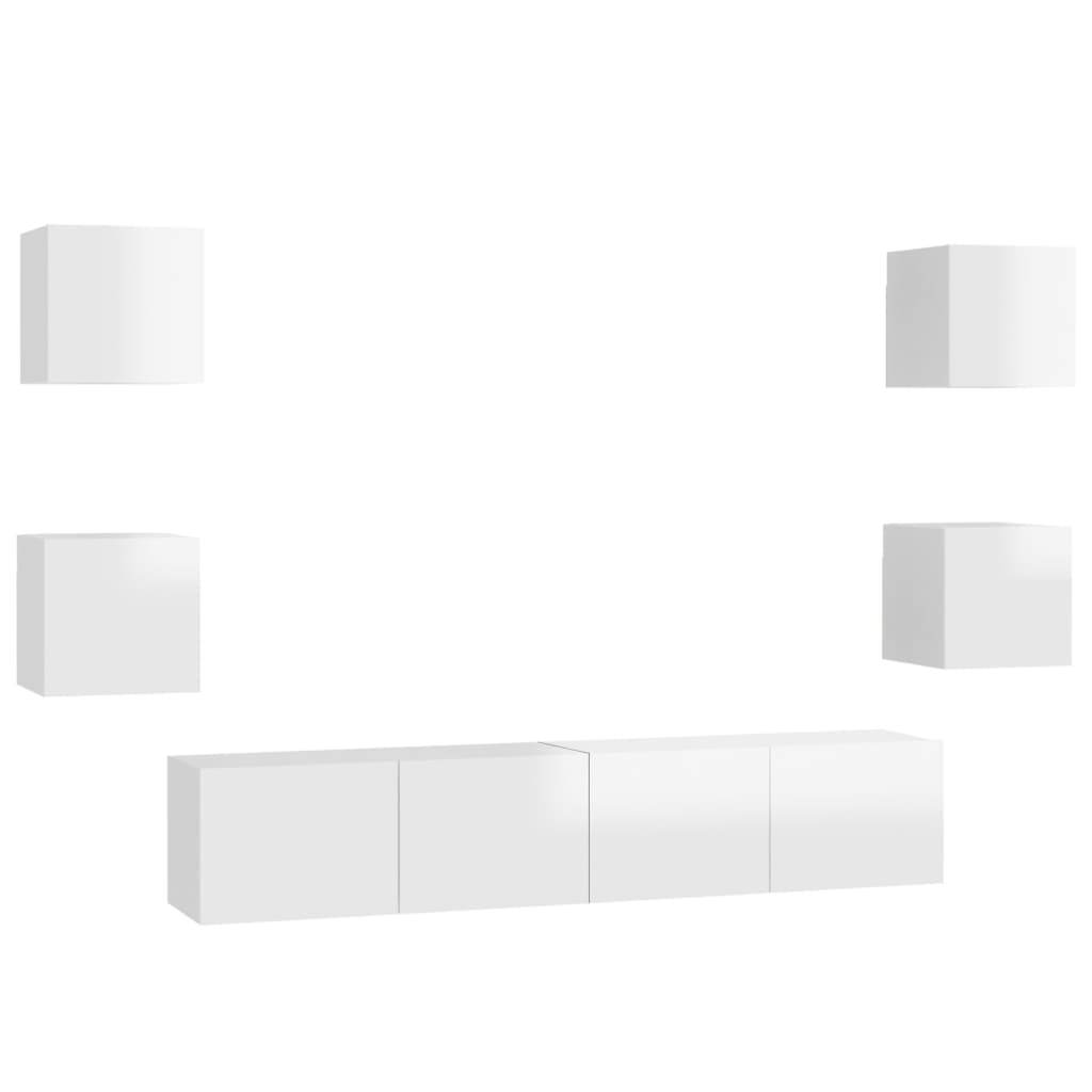 6 pcs conjunto de móveis de TV contraplacado branco brilhante