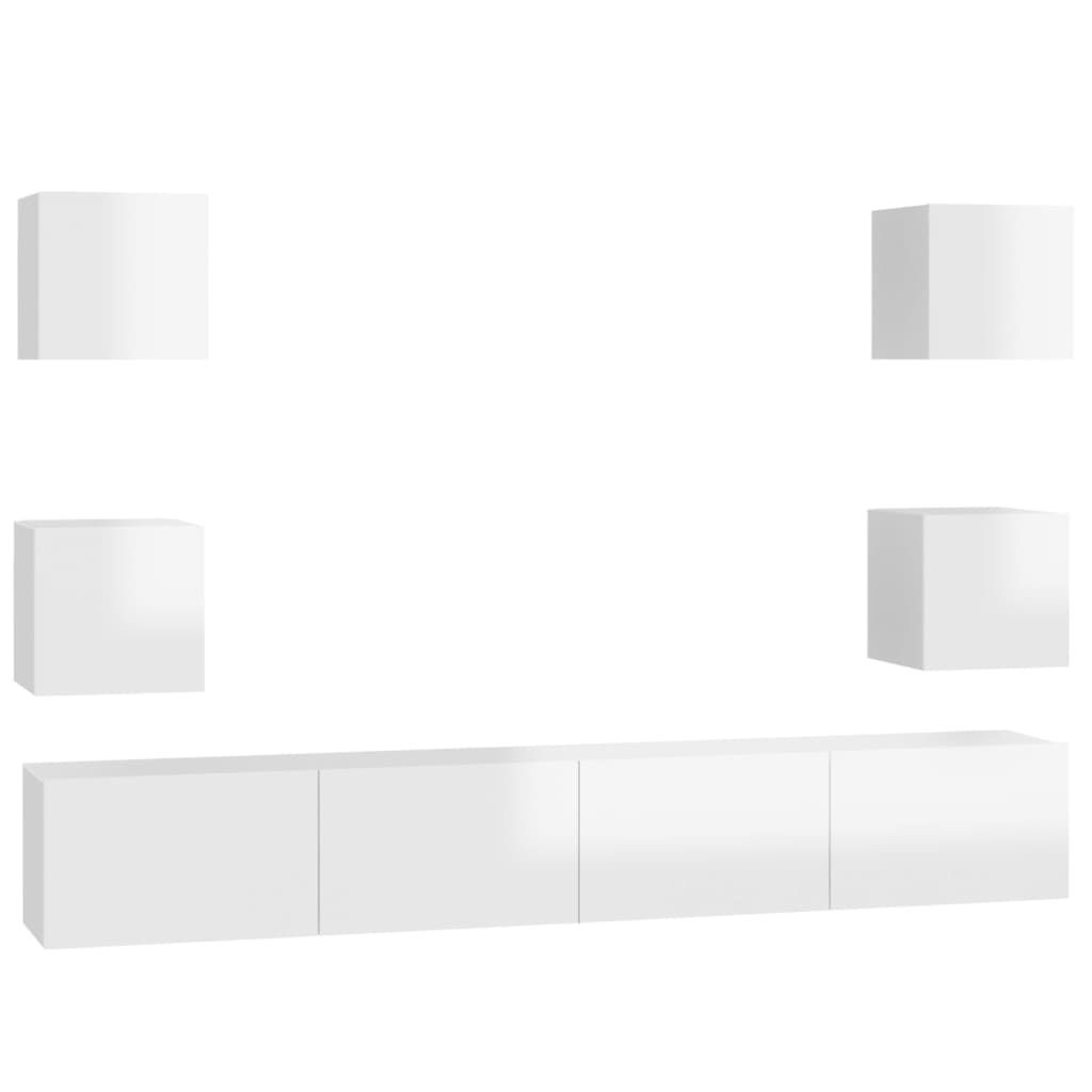 6 pcs conjunto de móveis de TV contraplacado branco brilhante