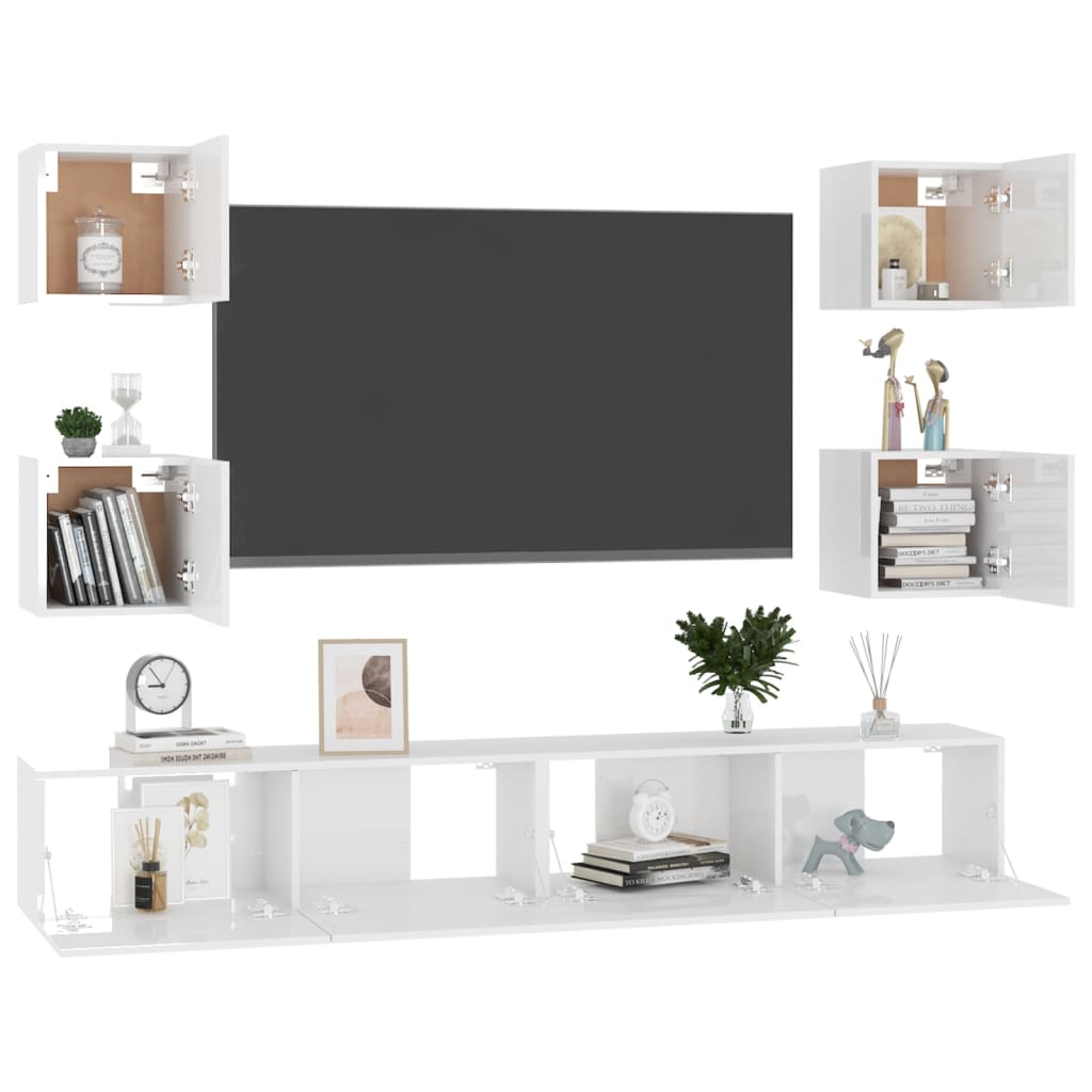 6 pcs conjunto de móveis de TV contraplacado branco brilhante