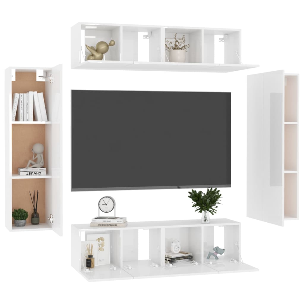 6 pcs conjunto de móveis de TV contraplacado branco brilhante