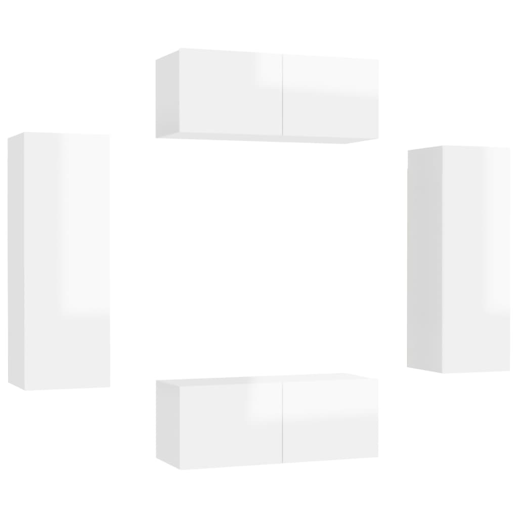 4 pcs conjunto de móveis de TV contraplacado branco brilhante