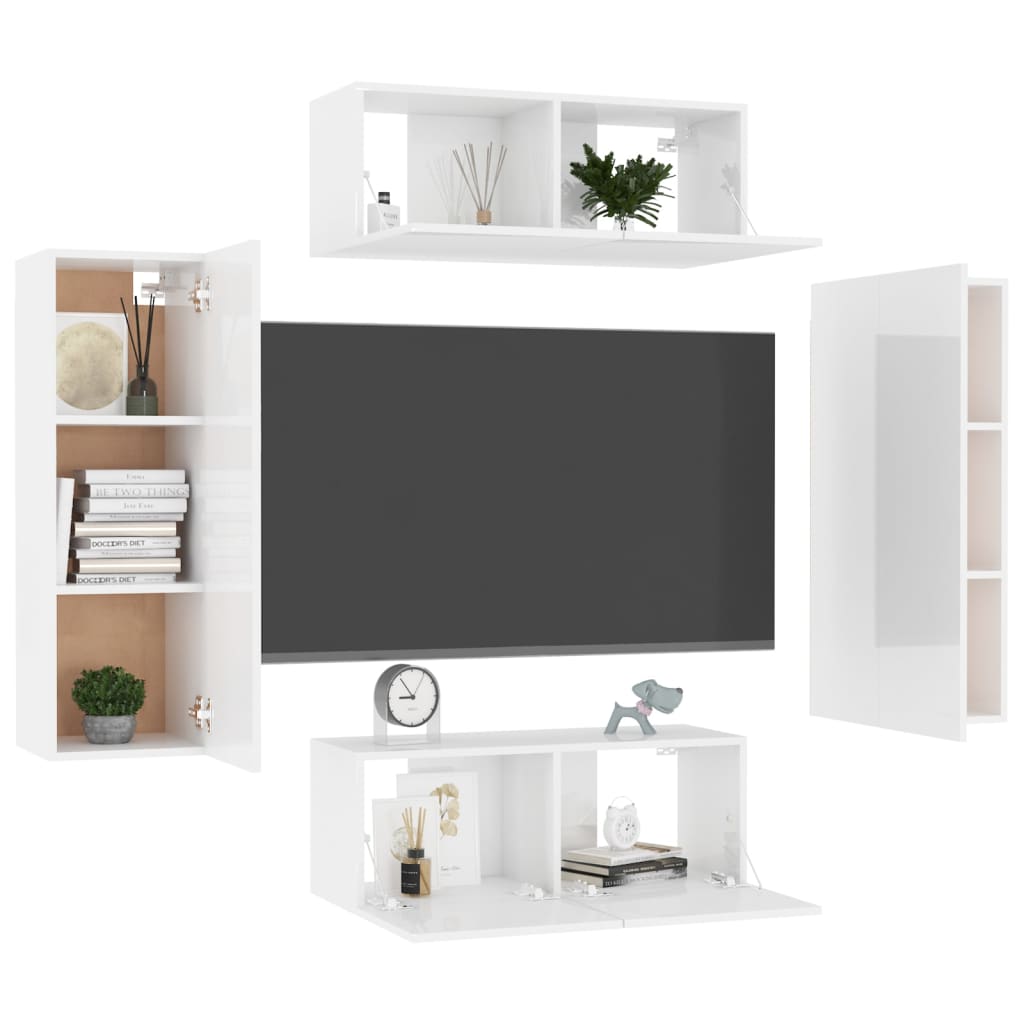 4 pcs conjunto de móveis de TV contraplacado branco brilhante