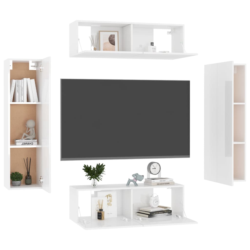 4 pcs conjunto de móveis de TV contraplacado branco brilhante