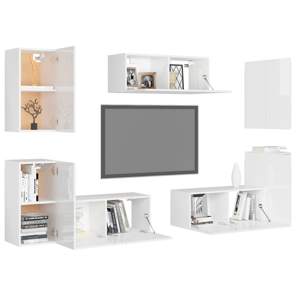 7 pcs conjunto de móveis de TV contraplacado branco brilhante