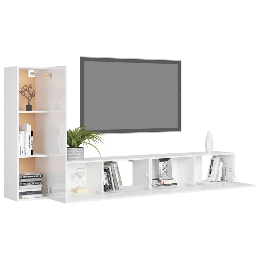 3 pcs conjunto de móveis de TV contraplacado branco brilhante