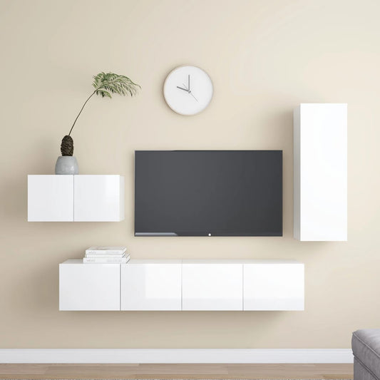 4 pcs conjunto de móveis de TV contraplacado branco brilhante