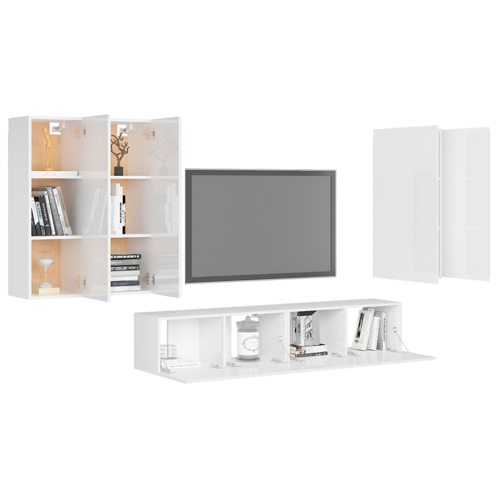 6 pcs conjunto de móveis de TV contraplacado branco brilhante