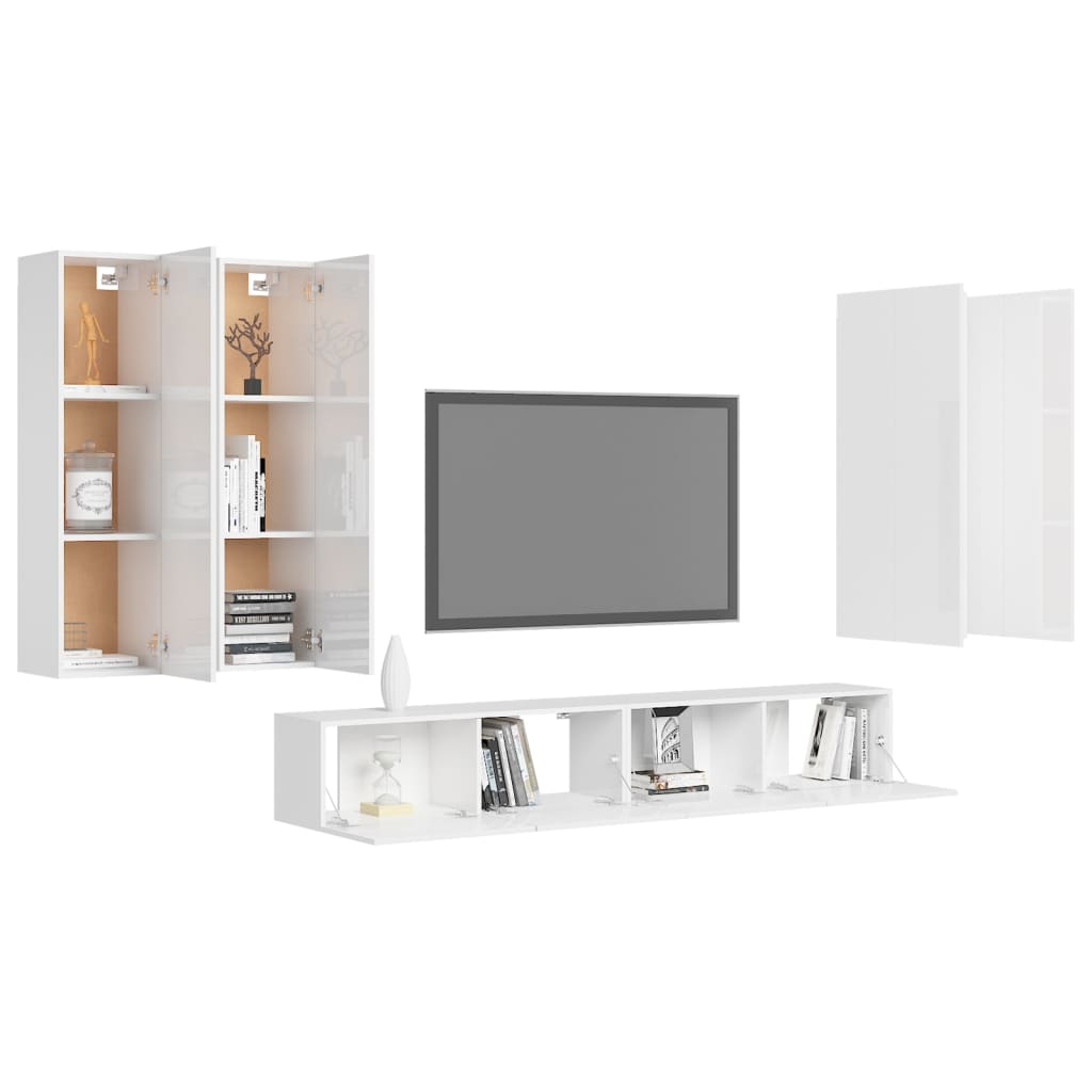 6 pcs conjunto de móveis de TV contraplacado branco brilhante