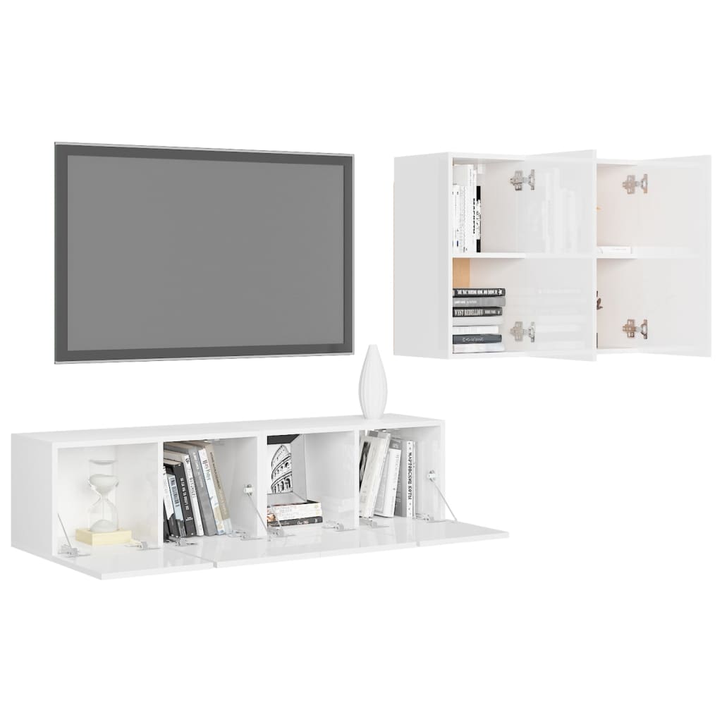 4 pcs conjunto de móveis de TV contraplacado branco brilhante