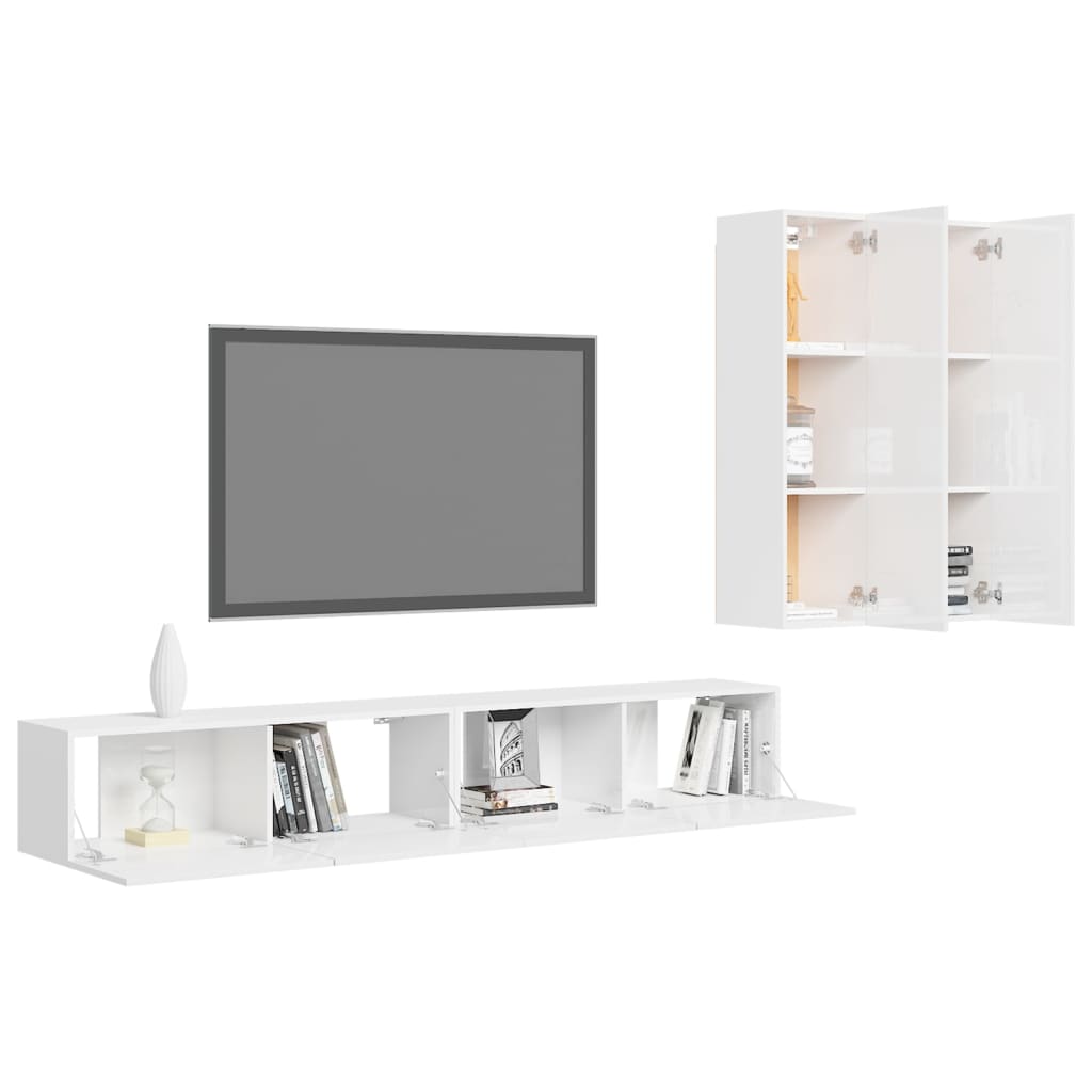 4 pcs conjunto de móveis de TV contraplacado branco brilhante