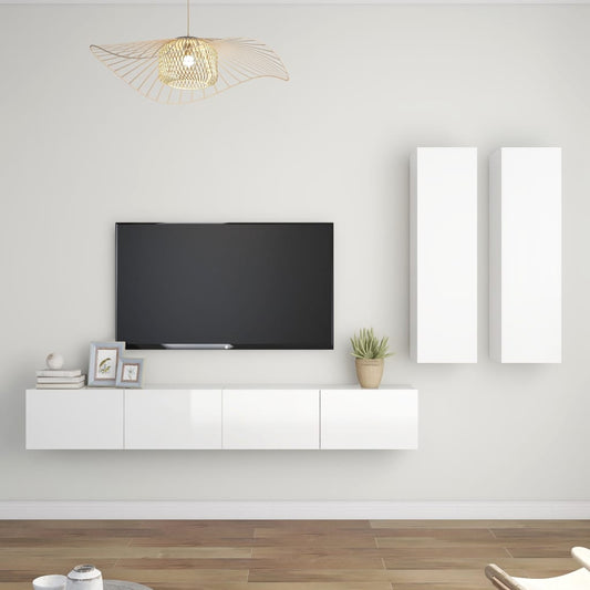 4 pcs conjunto de móveis de TV contraplacado branco brilhante