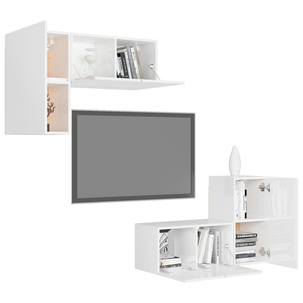 4 pcs conjunto de móveis de TV contraplacado branco brilhante