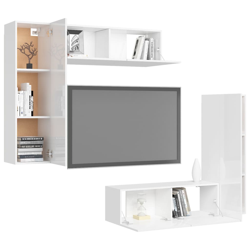 4 pcs conjunto de móveis de TV contraplacado branco brilhante