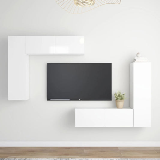 4 pcs conjunto de móveis de TV contraplacado branco brilhante