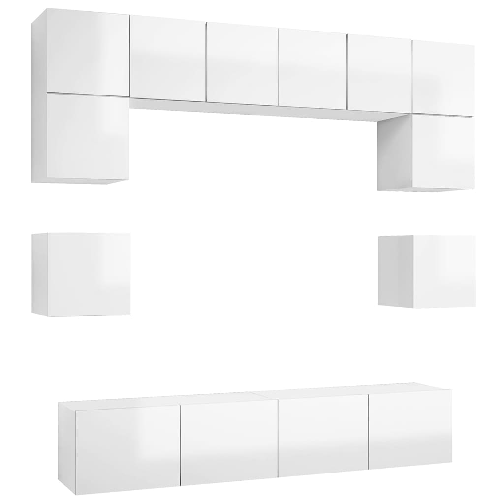 8 pcs conjunto de móveis de TV contraplacado branco brilhante