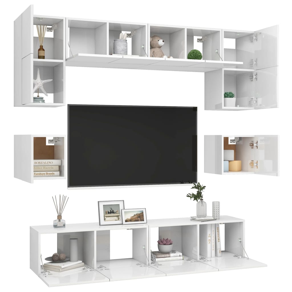 8 pcs conjunto de móveis de TV contraplacado branco brilhante