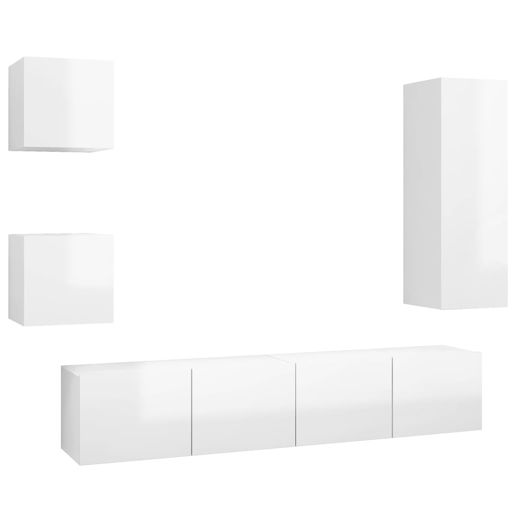 5 pcs conjunto de móveis de TV contraplacado branco brilhante