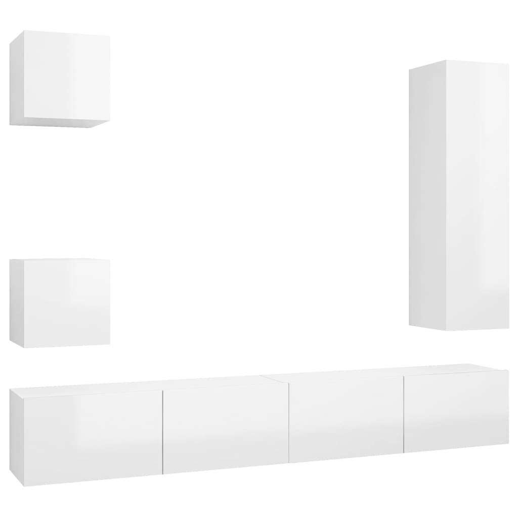 5 pcs conjunto de móveis de TV contraplacado branco brilhante