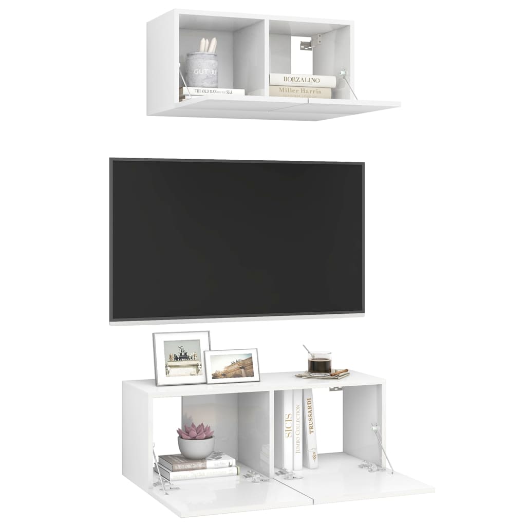 2 pcs conjunto de móveis de TV contraplacado branco brilhante