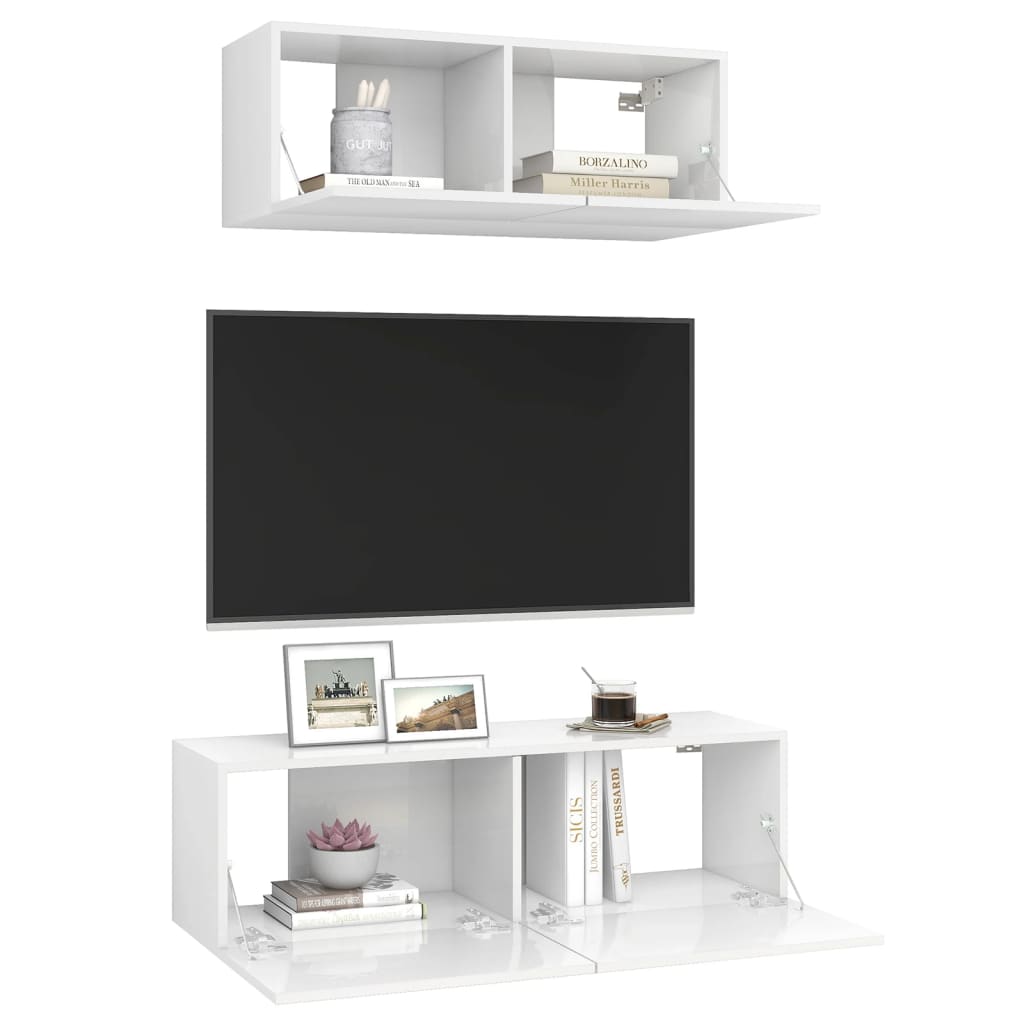 2 pcs conjunto de móveis de TV contraplacado branco brilhante